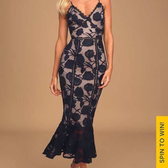 Lulus Alluring Dream Navy Blue Floral Mesh Lace Trumpet Midi Dress Wedding Guest - Picture 5 of 9